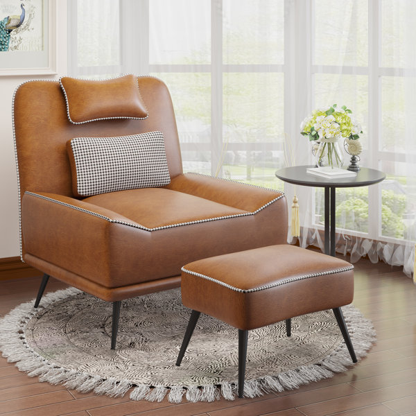 Asena Faux Leather Side Chair with Ottoman
